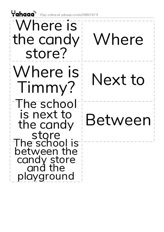 Word flashcards worksheet for Where is the candy store?, Where, Where is Timmy? and 4 more