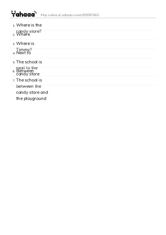 Word list with meanings worksheet for Where is the candy store?, Where, Where is Timmy? and 4 more