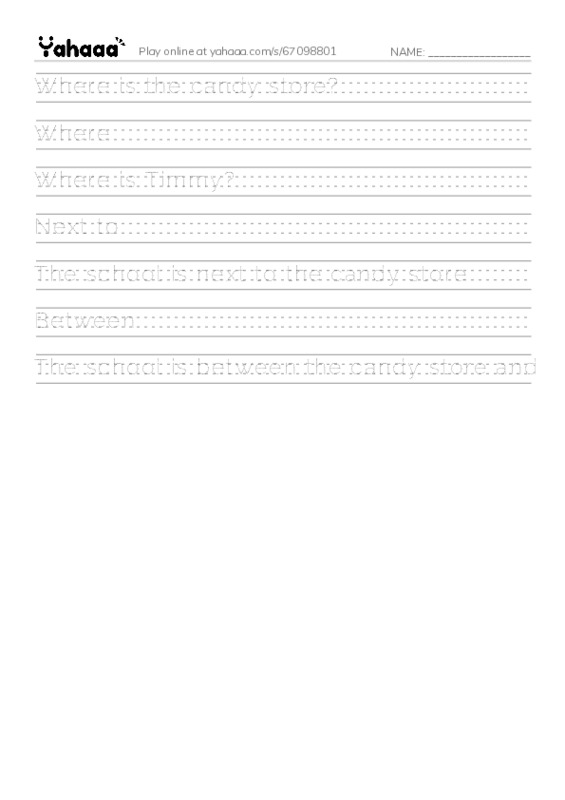 Handwriting lines worksheet for Where is the candy store?, Where, Where is Timmy? and 4 more