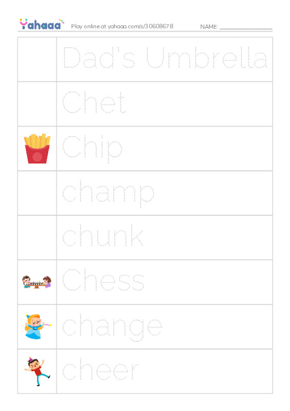 Picture and word rows worksheet for Dad’s Umbrella, Chet, Chip and 12 more