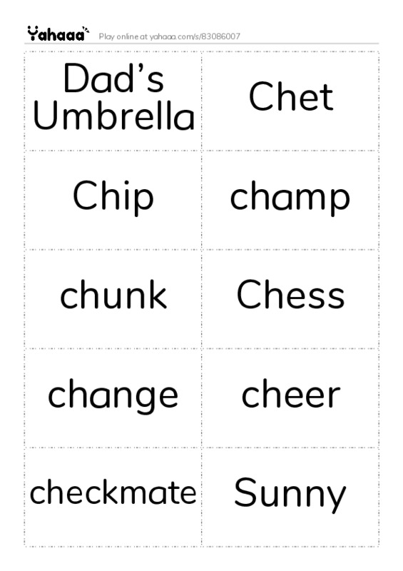 Word flashcards worksheet for Dad’s Umbrella, Chet, Chip and 12 more