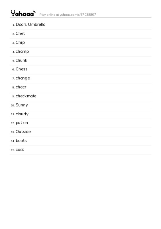 Word list with meanings worksheet for Dad’s Umbrella, Chet, Chip and 12 more