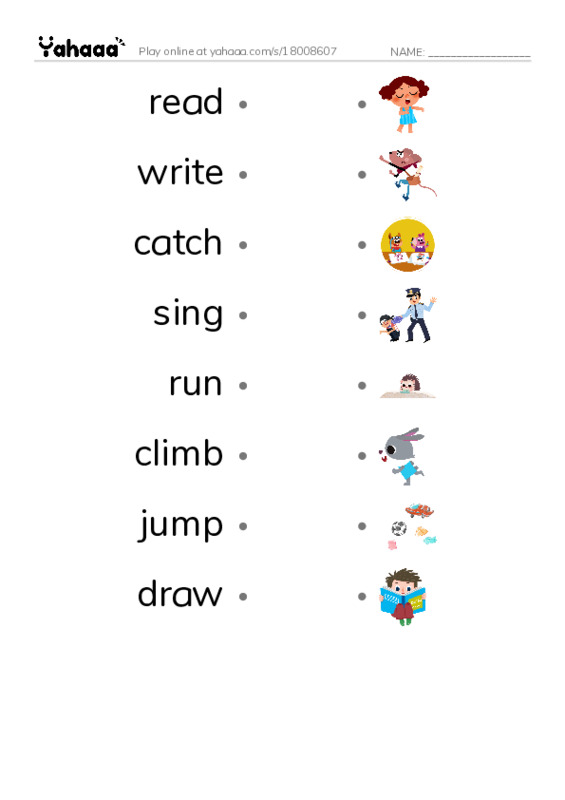 Draw a line to match worksheet for read, write, catch and 5 more