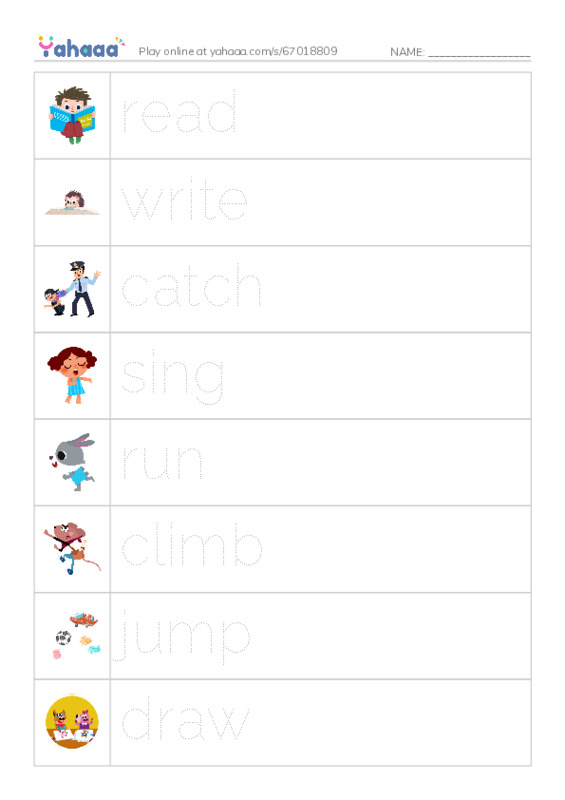 Picture and word rows worksheet for read, write, catch and 5 more