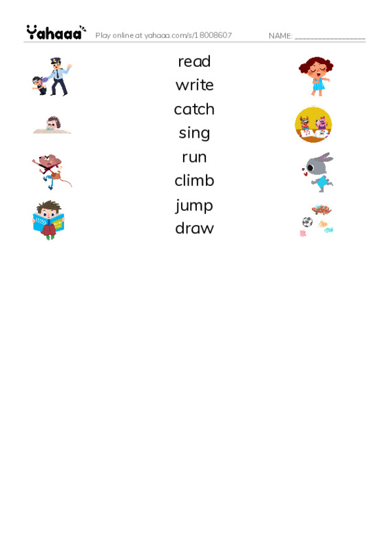 Match both sides worksheet for read, write, catch and 5 more