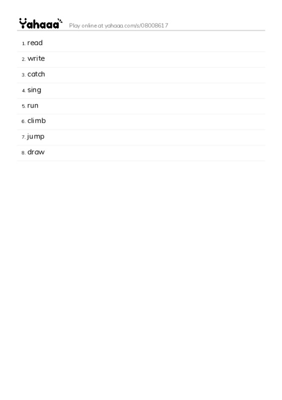 Word list with meanings worksheet for read, write, catch and 5 more
