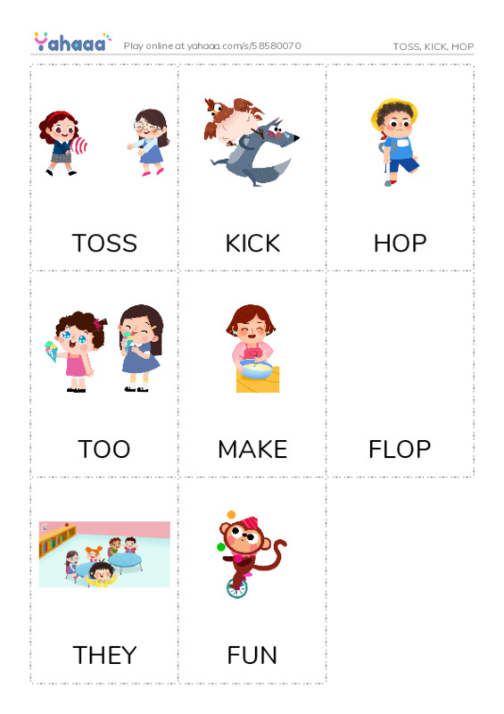Picture flashcards worksheet for TOSS, KICK, HOP