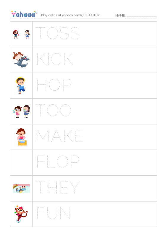 Picture and word rows worksheet for TOSS, KICK, HOP