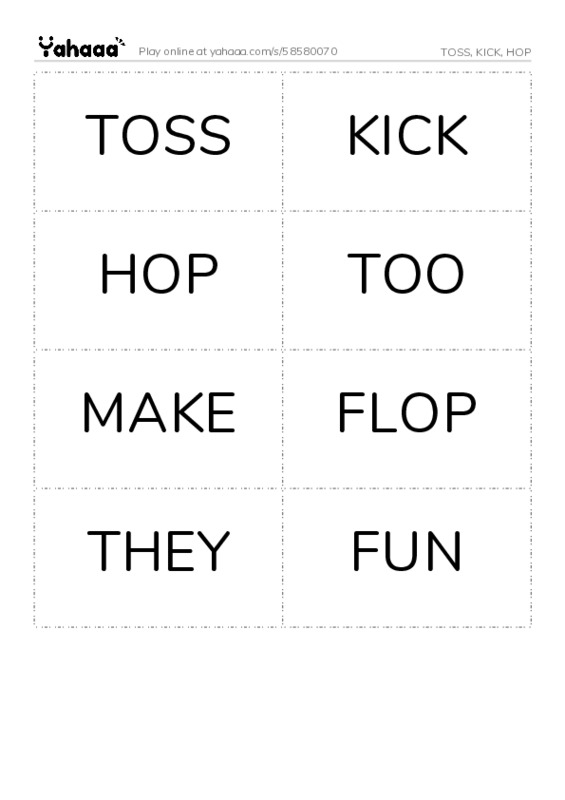 Word flashcards worksheet for TOSS, KICK, HOP