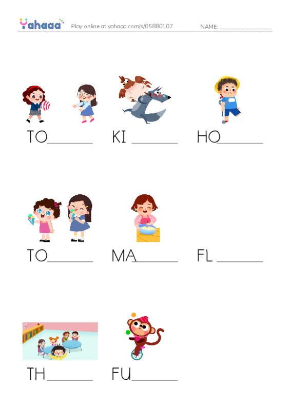 Finish the word worksheet for TOSS, KICK, HOP