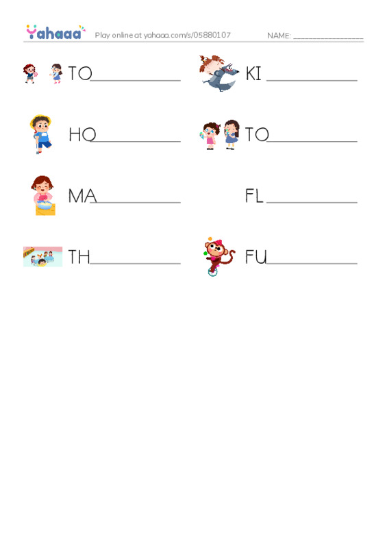 Write the word rows worksheet for TOSS, KICK, HOP
