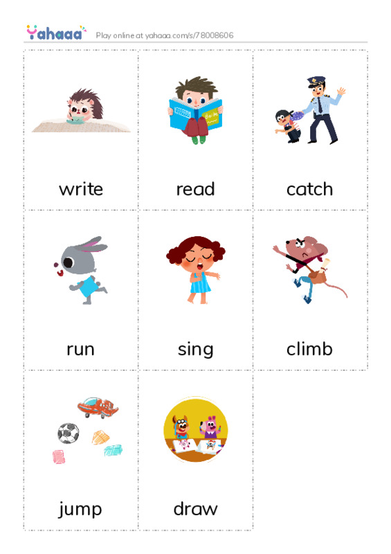 Picture flashcards worksheet for write, read, catch and 5 more