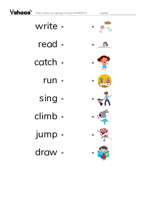 Draw a line to match worksheet for write, read, catch and 5 more