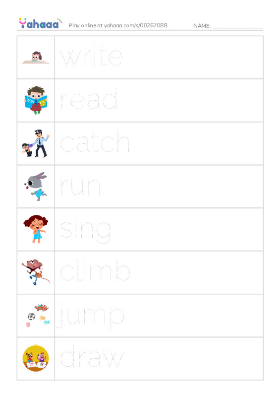 Picture and word rows worksheet for write, read, catch and 5 more