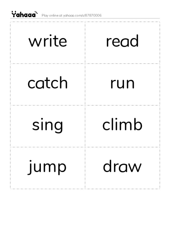 Word flashcards worksheet for write, read, catch and 5 more
