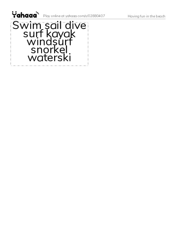 Word flashcards worksheet for Having fun in the beach