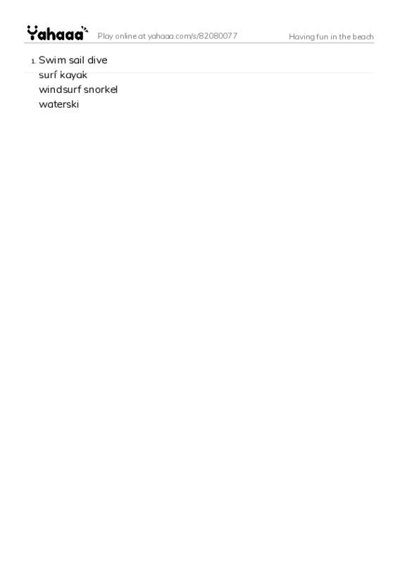 Word list with meanings worksheet for Having fun in the beach