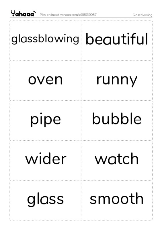 Word flashcards worksheet for Glassblowing