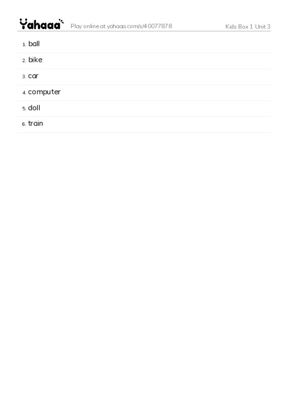Word list with meanings worksheet for Kids Box 1 Unit 3