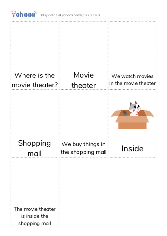 Picture flashcards worksheet for Where is the movie theater?, Movie theater, We watch movies in the movie theater and 4 more
