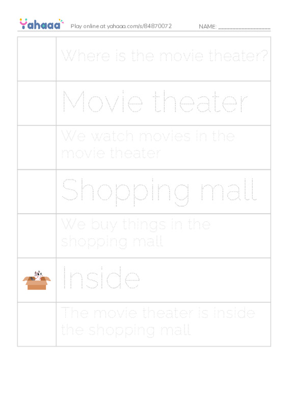 Picture and word rows worksheet for Where is the movie theater?, Movie theater, We watch movies in the movie theater and 4 more
