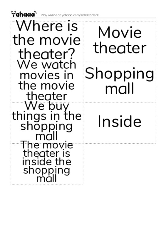 Word flashcards worksheet for Where is the movie theater?, Movie theater, We watch movies in the movie theater and 4 more