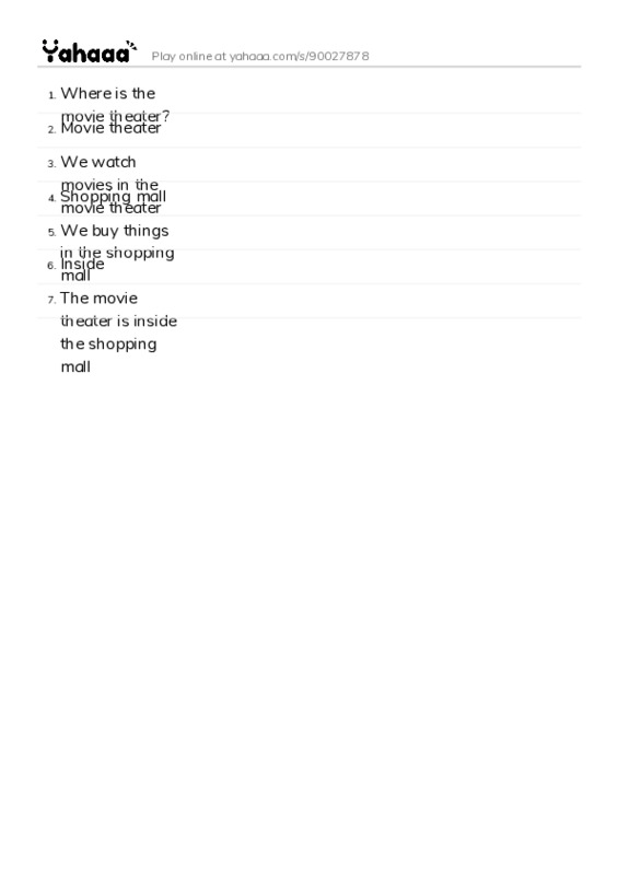Word list with meanings worksheet for Where is the movie theater?, Movie theater, We watch movies in the movie theater and 4 more