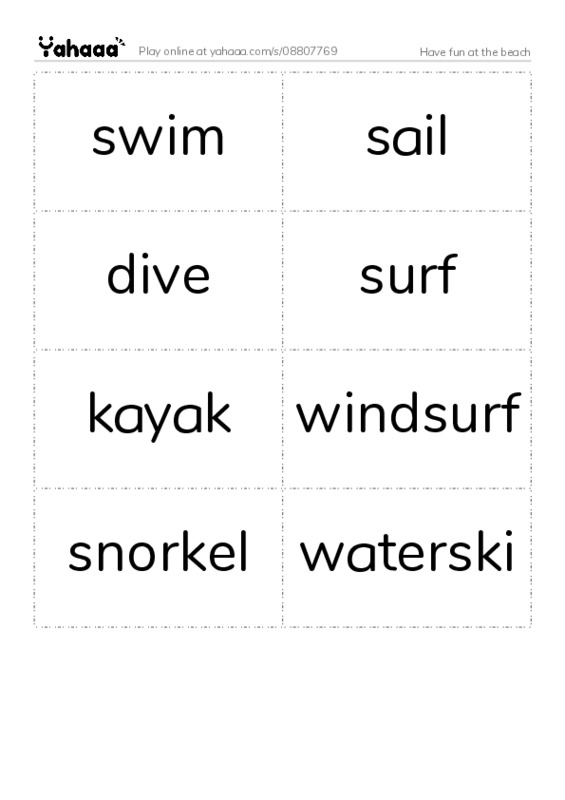 Word flashcards worksheet for Have fun at the beach