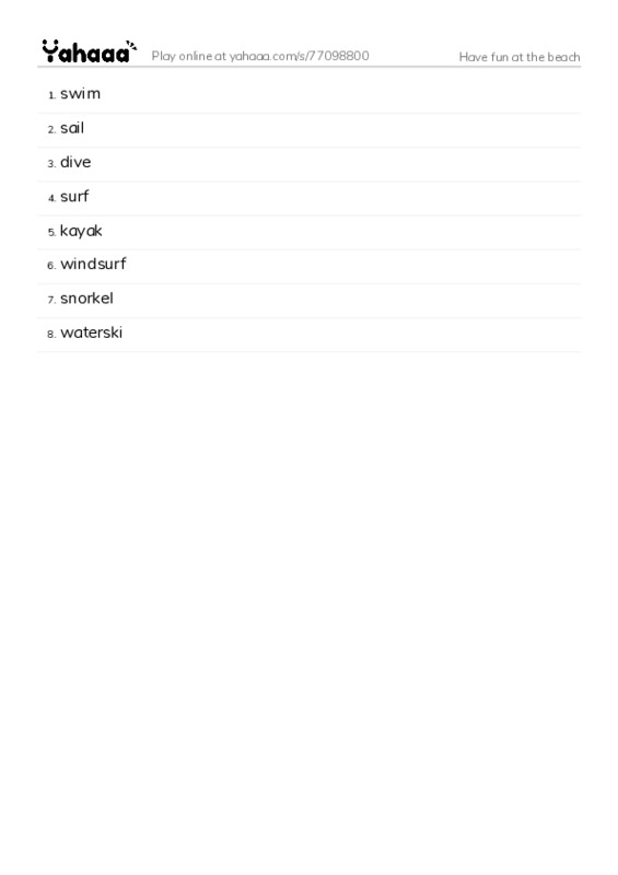 Word list with meanings worksheet for Have fun at the beach