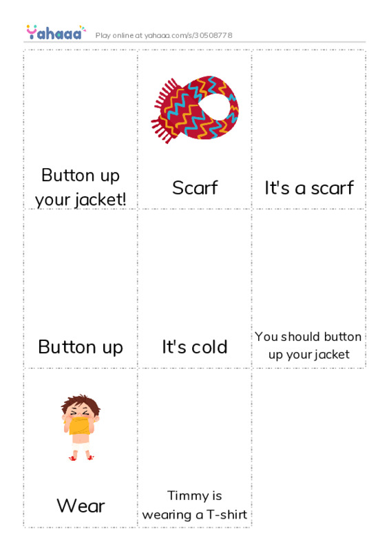 Picture flashcards worksheet for Button up your jacket!, Scarf, It's a scarf and 5 more