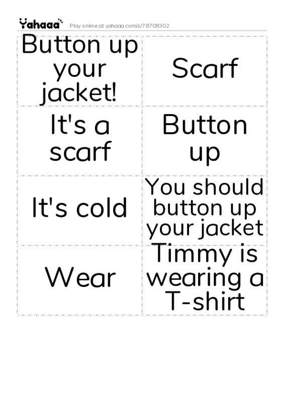 Word flashcards worksheet for Button up your jacket!, Scarf, It's a scarf and 5 more