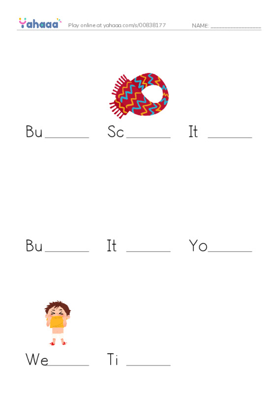 Finish the word worksheet for Button up your jacket!, Scarf, It's a scarf and 5 more