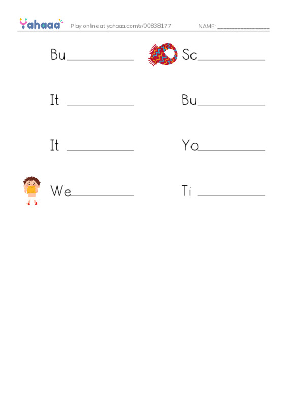 Write the word rows worksheet for Button up your jacket!, Scarf, It's a scarf and 5 more