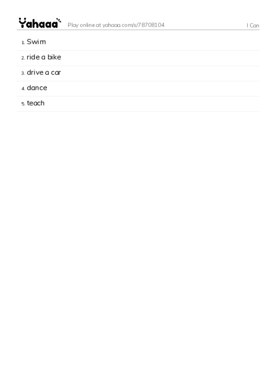 Word list with meanings worksheet for I Can