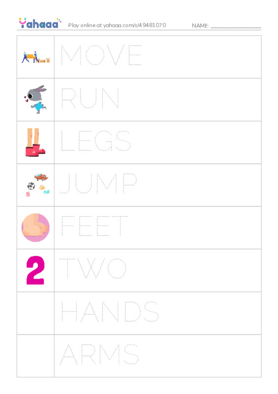 Picture and word rows worksheet for MOVE IT