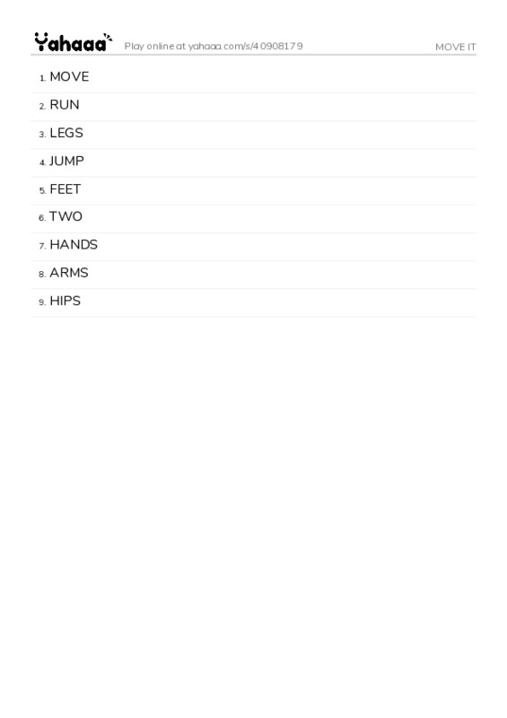 Word list with meanings worksheet for MOVE IT