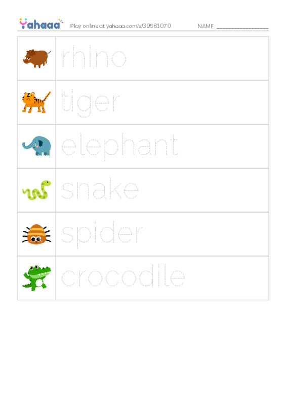 Picture and word rows worksheet for Animal