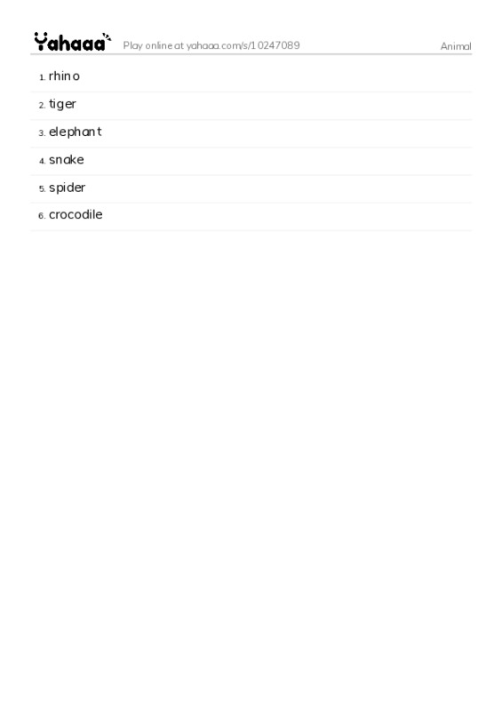 Word list with meanings worksheet for Animal