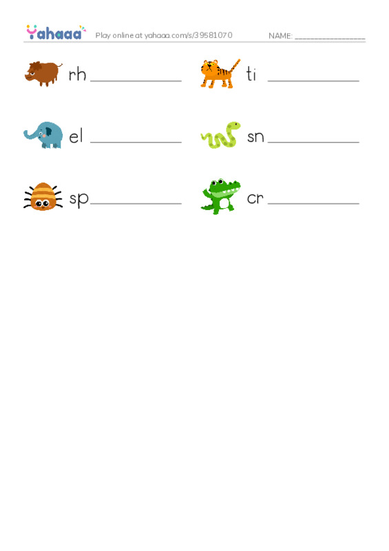 Write the word rows worksheet for Animal