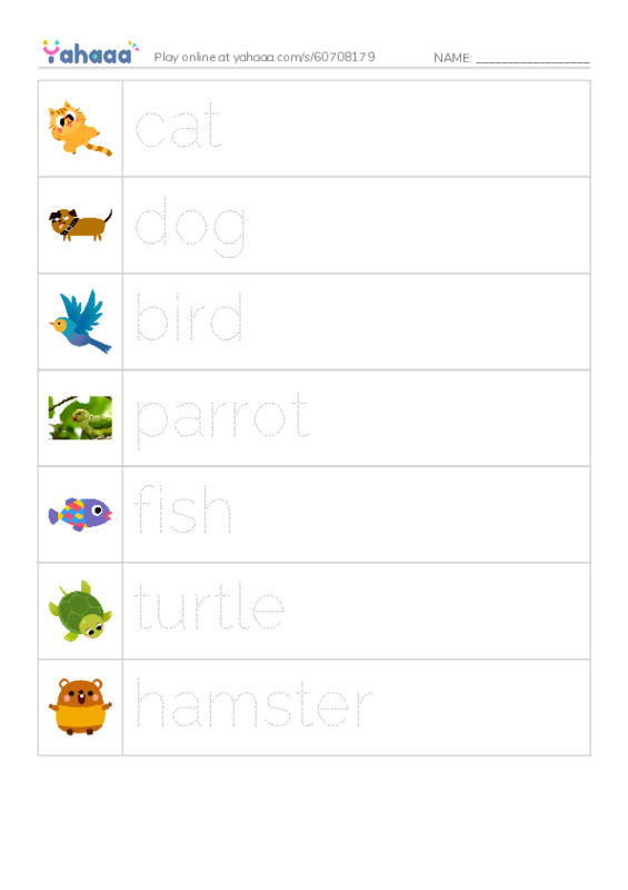 Picture and word rows worksheet for Pets