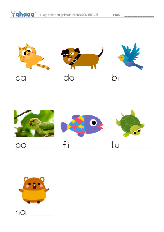 Finish the word worksheet for Pets