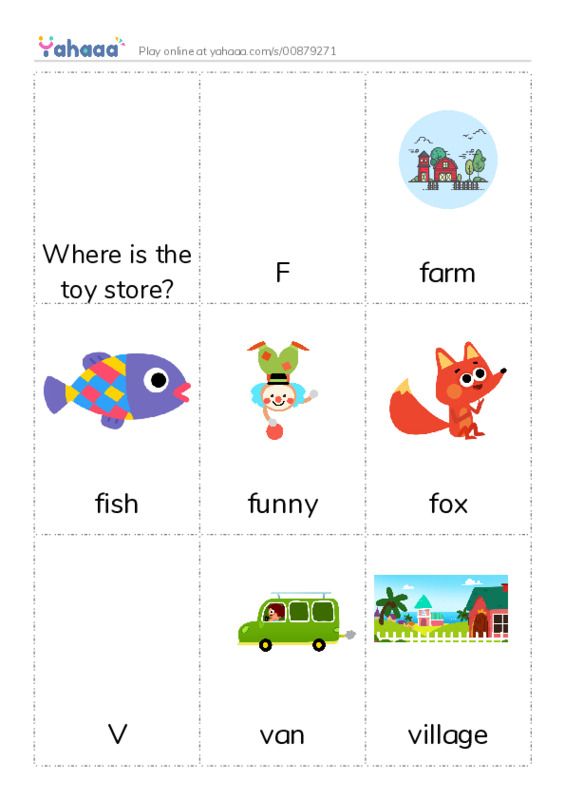 Picture flashcards worksheet for Where is the toy store?, F, farm and 14 more