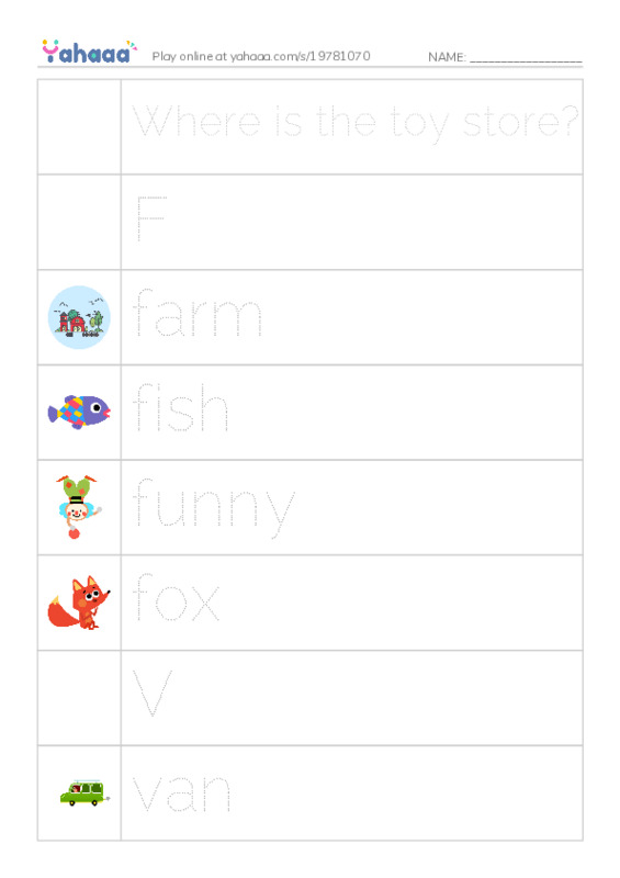 Picture and word rows worksheet for Where is the toy store?, F, farm and 14 more