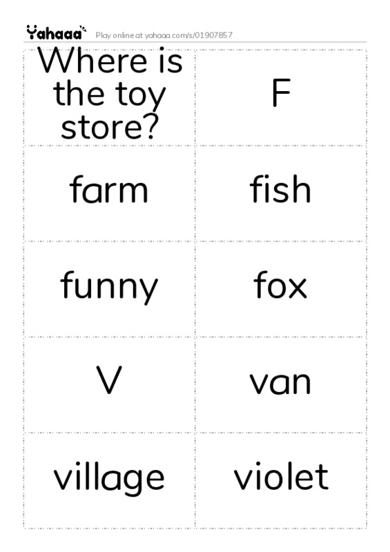Word flashcards worksheet for Where is the toy store?, F, farm and 14 more