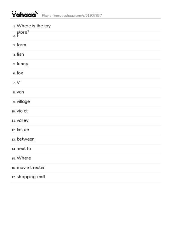 Word list with meanings worksheet for Where is the toy store?, F, farm and 14 more