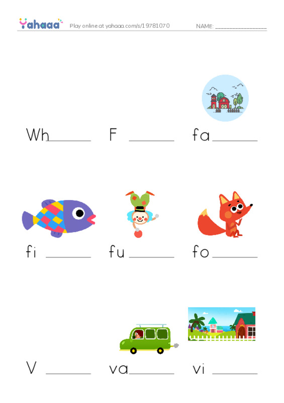 Finish the word worksheet for Where is the toy store?, F, farm and 14 more
