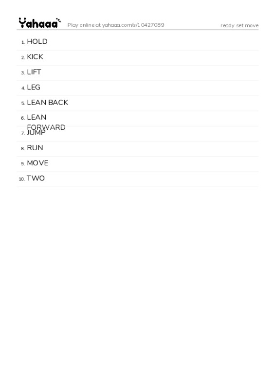 Word list with meanings worksheet for ready set move