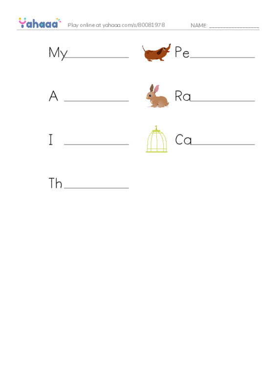 Write the word rows worksheet for My pet rabbit, Pet, A pet is an animal that lives in your house and 4 more