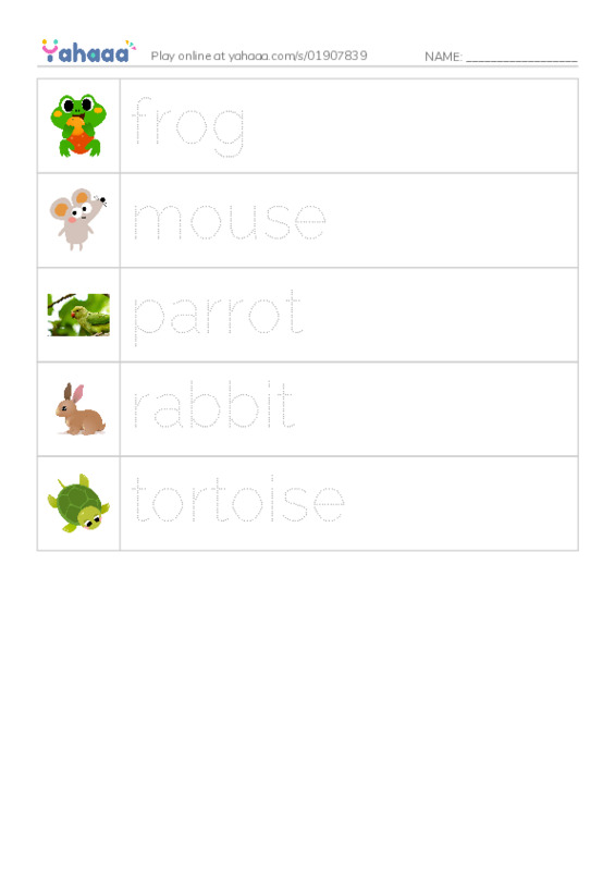 Picture and word rows worksheet for animals