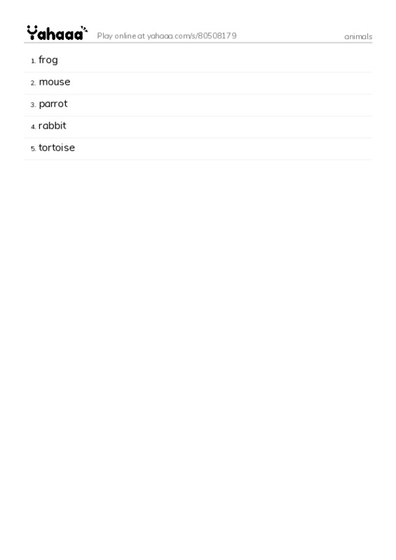 Word list with meanings worksheet for animals